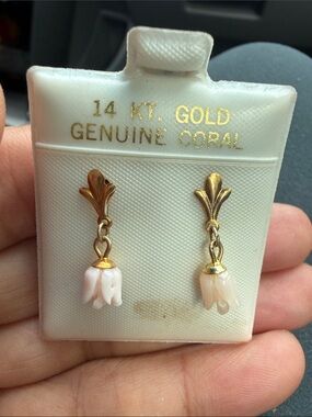 14K Gold Genuine Coral Drop Earrings - Pink Coral Floral Dangles